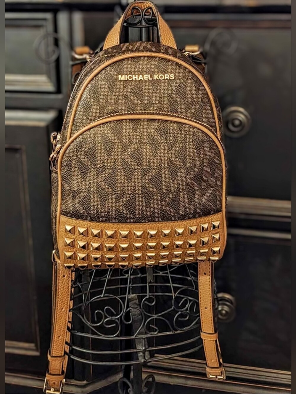 Michael Kors Abbey Signature Gold Studded Backpack Purse